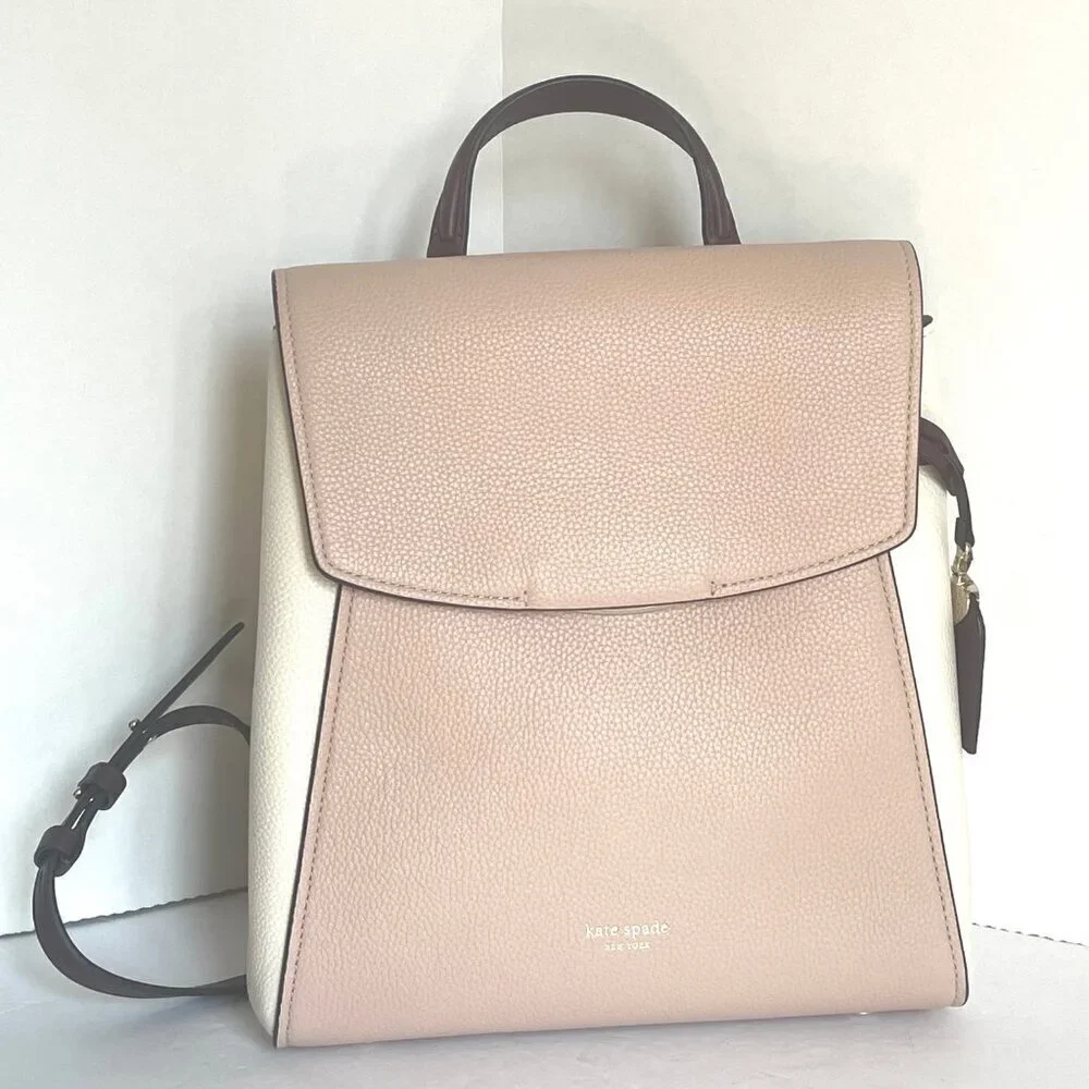 Kate Spade Grace Medium Backpack Beige Colorblock Leather Flap